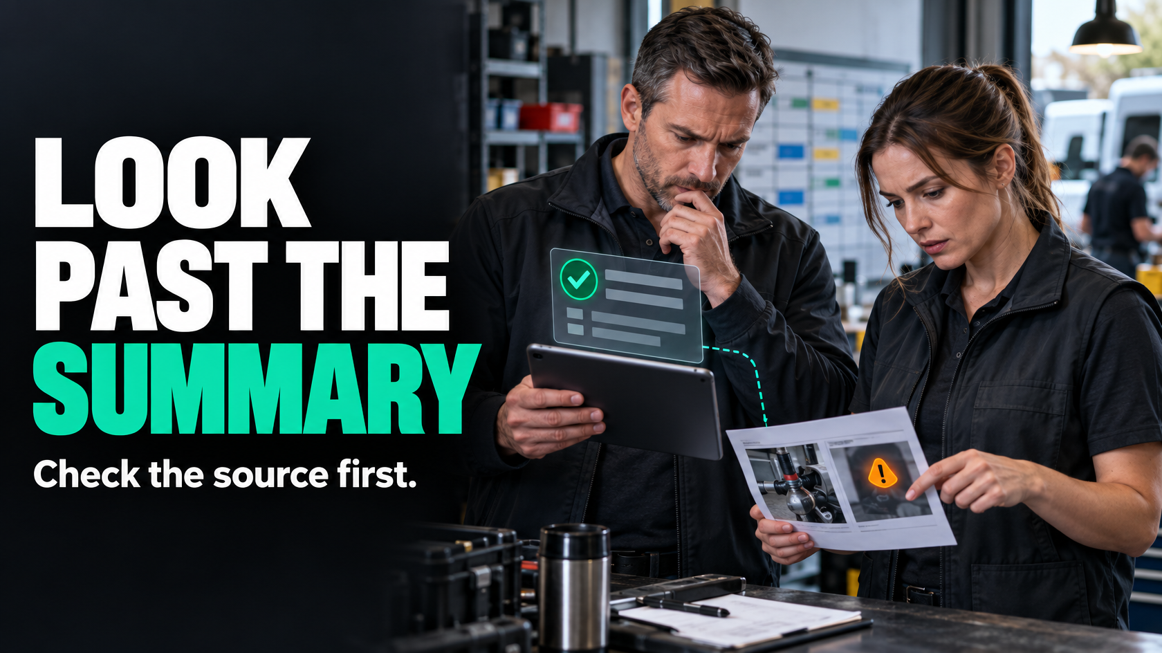 Team reviewing an AI-generated operational summary alongside source notes and job records