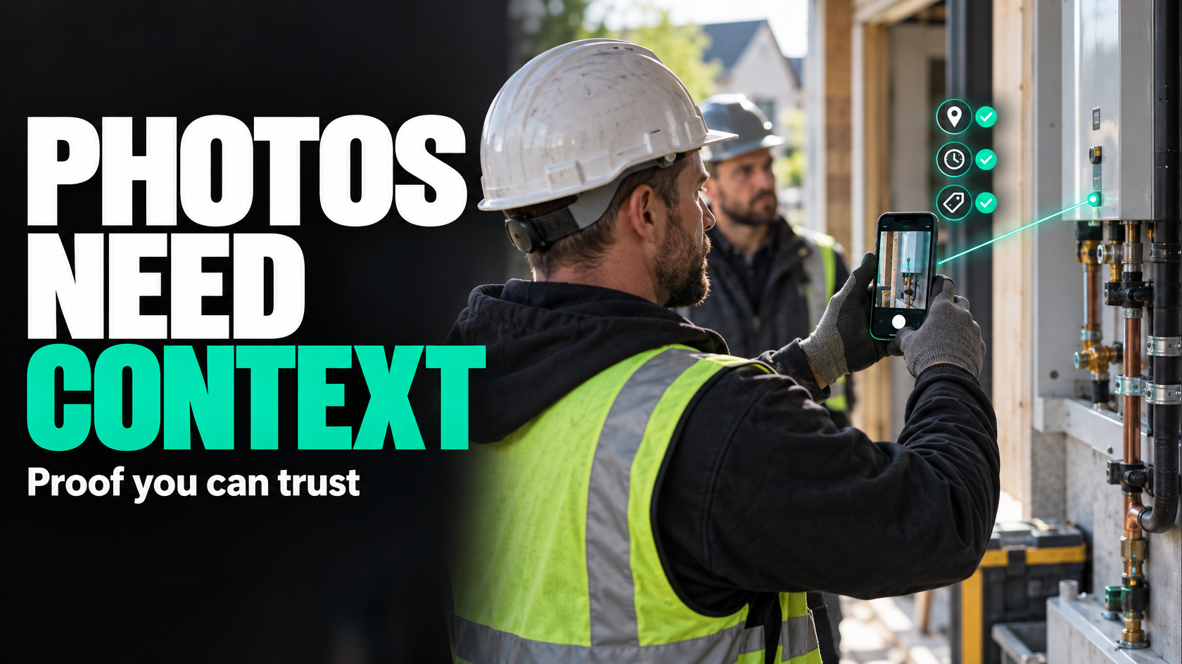Technician capturing site photos with structured job metadata on a mobile device