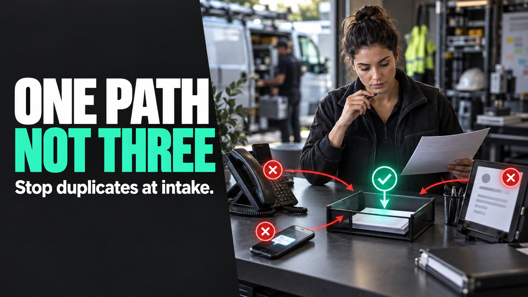Office intake workflow showing duplicate customer and job records from multiple enquiry channels
