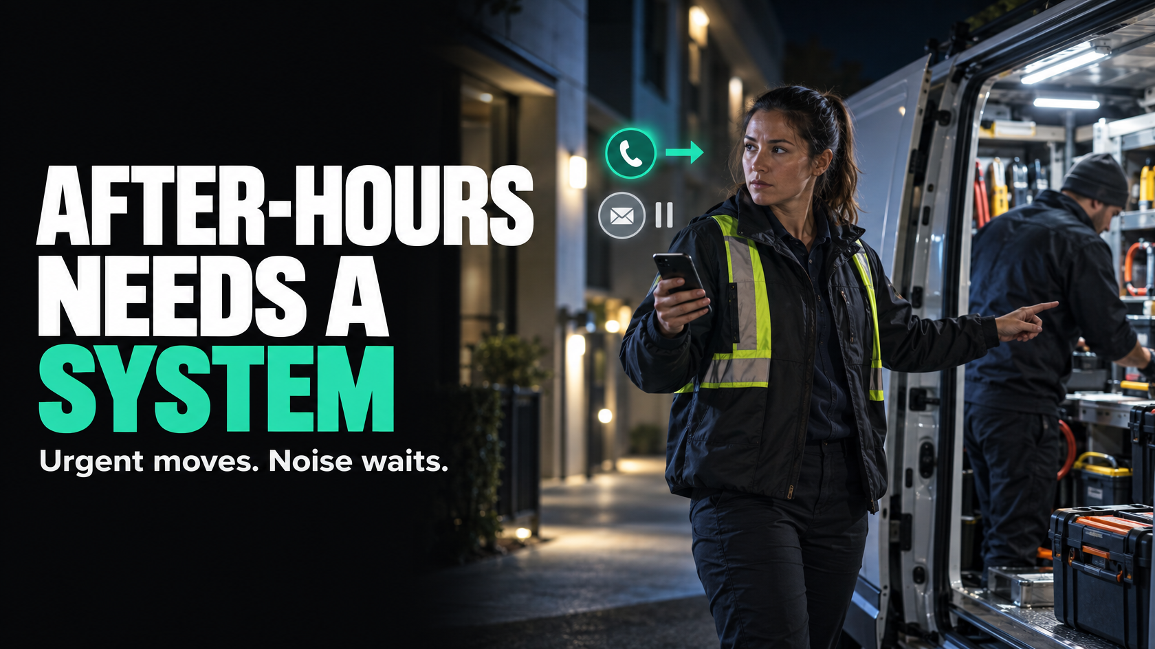 After-hours service request workflow being triaged and handed over to an on-call team