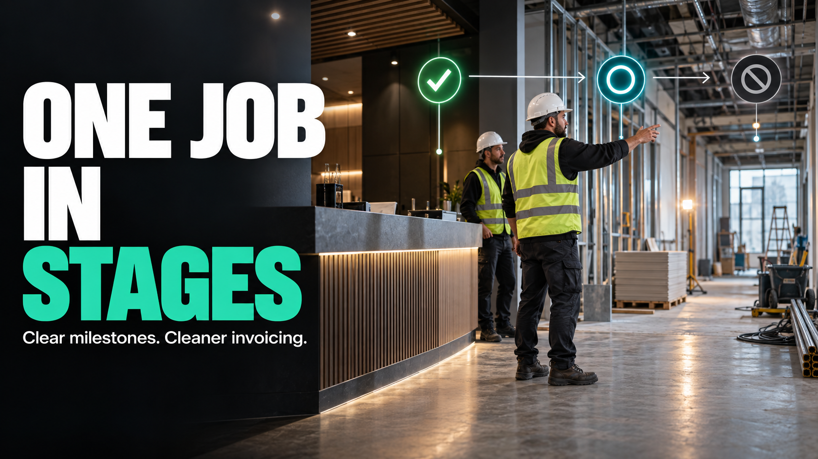 Project workflow showing a job split into stages with milestone approvals and invoice triggers