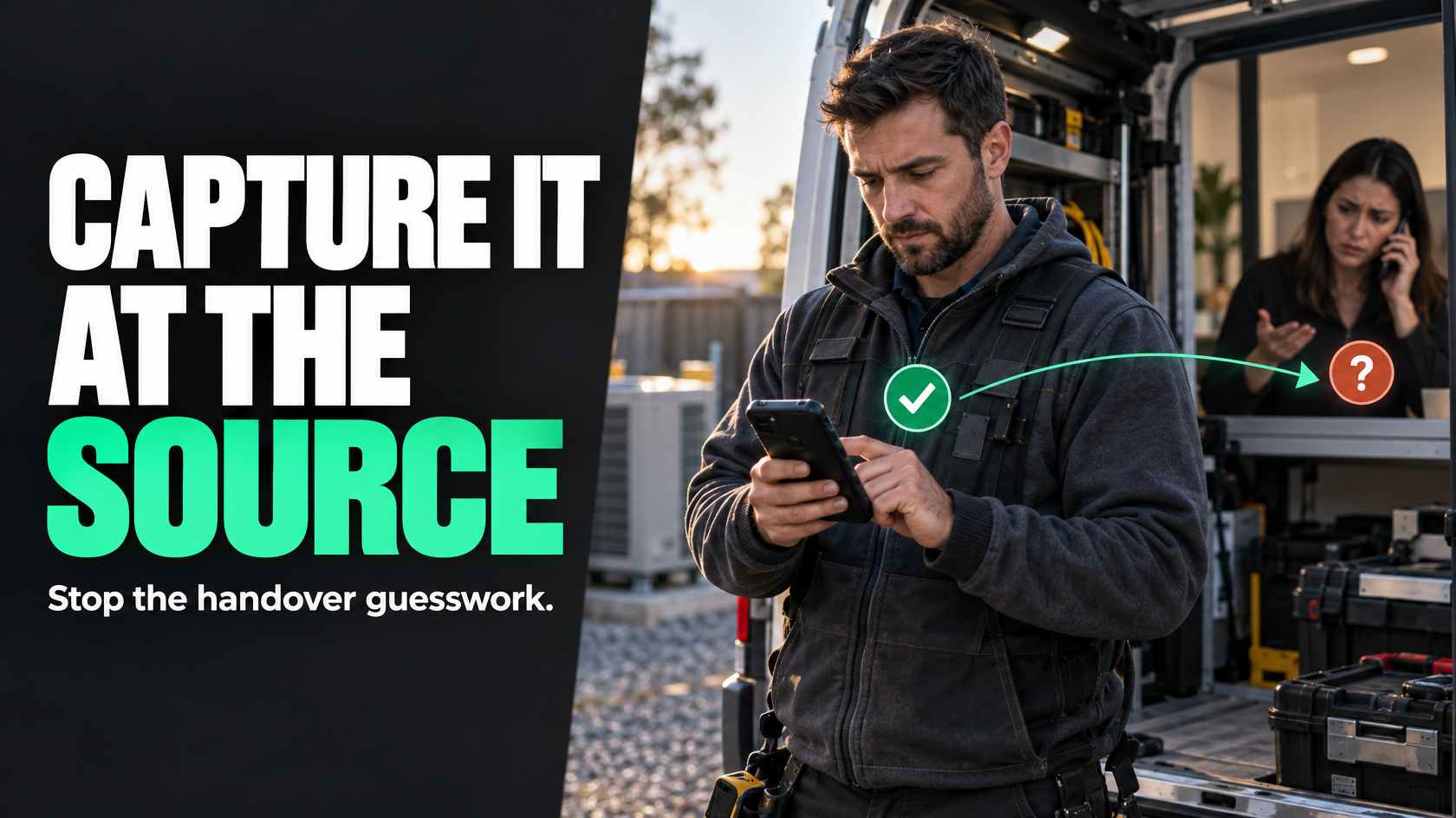 Technician entering job notes on a mobile device while office staff review operational records