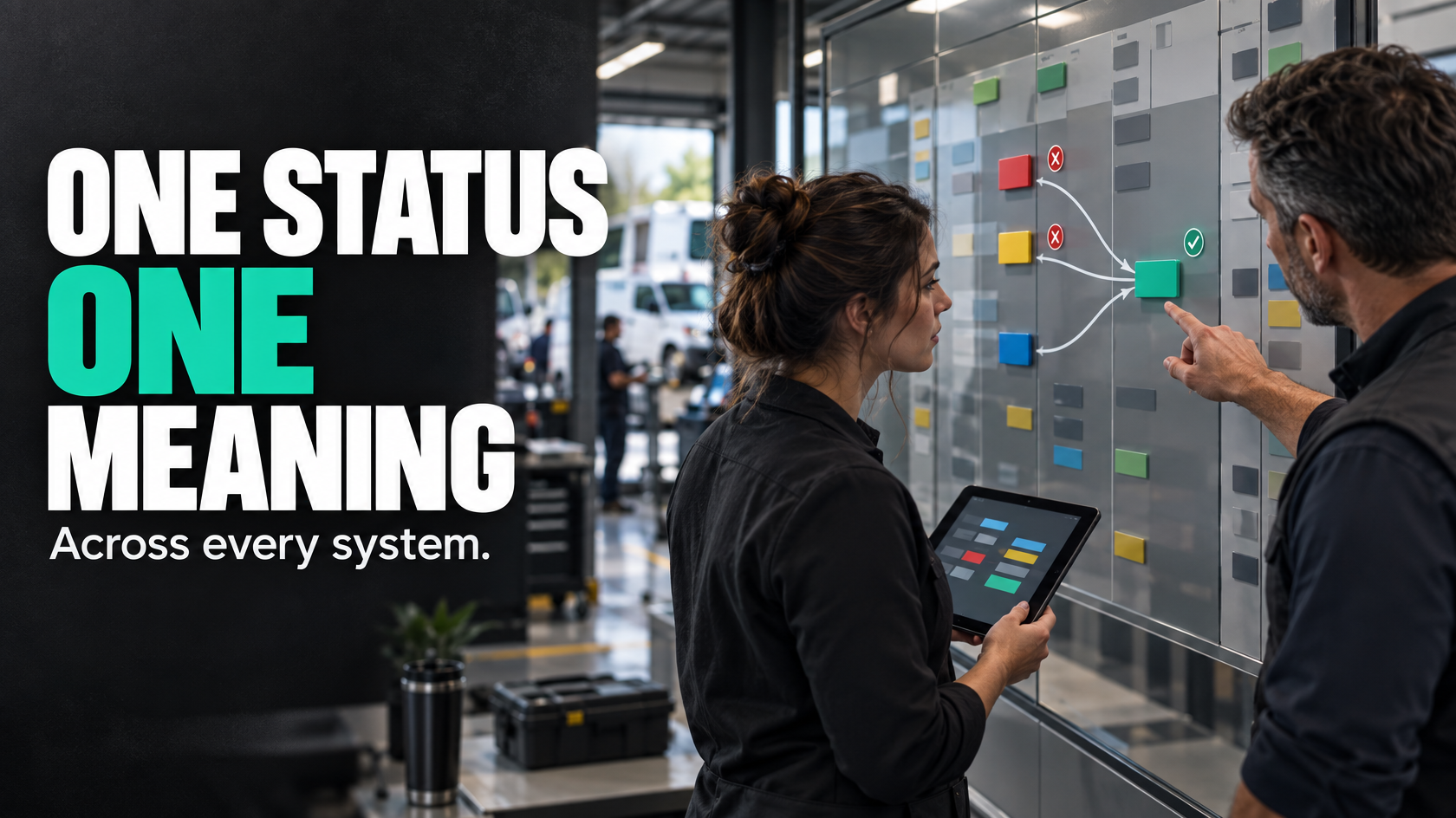 Operational workflow map showing job statuses aligned across multiple business systems