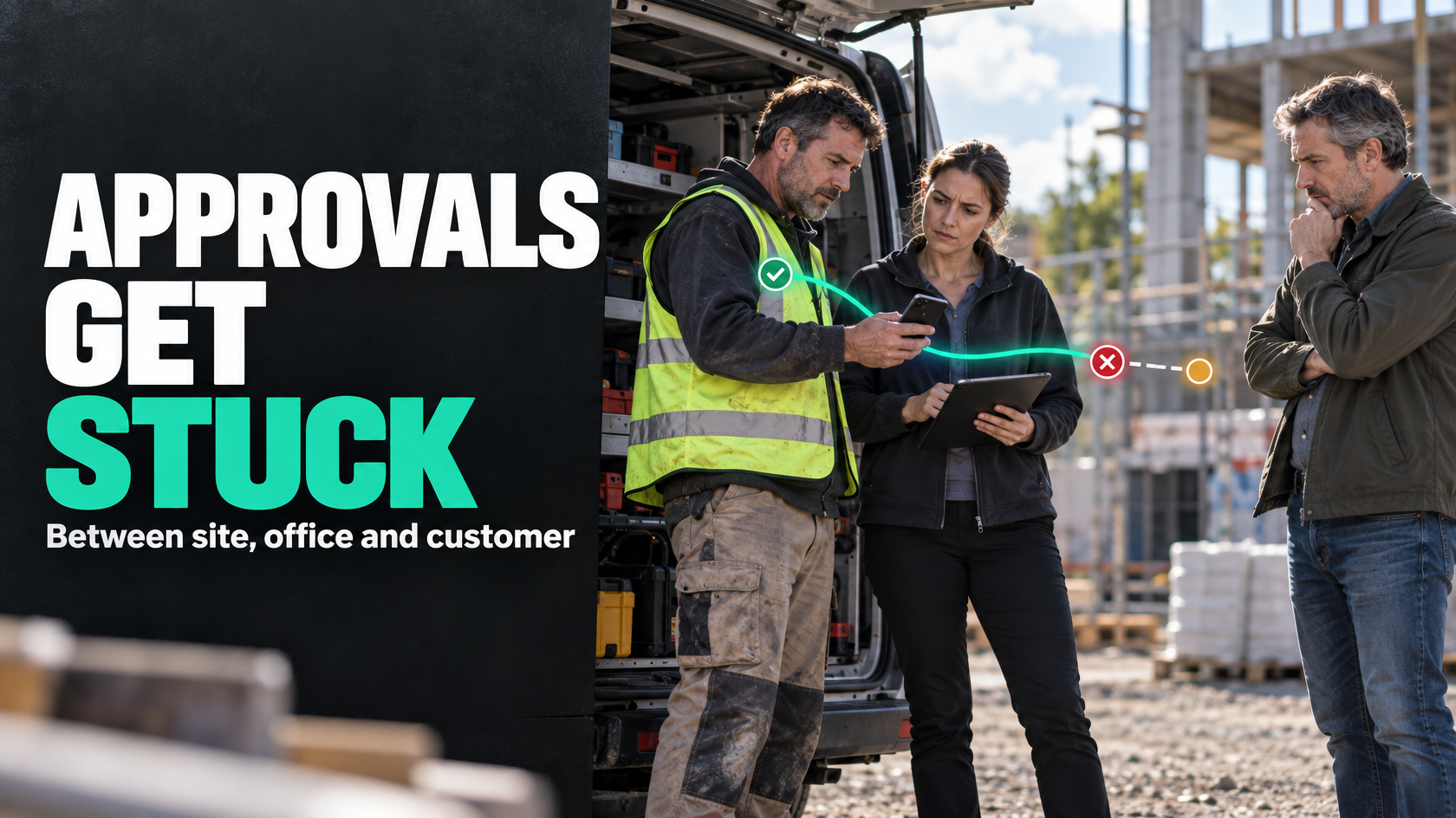 Supervisor reviewing site variation evidence and approval status across site, office and customer