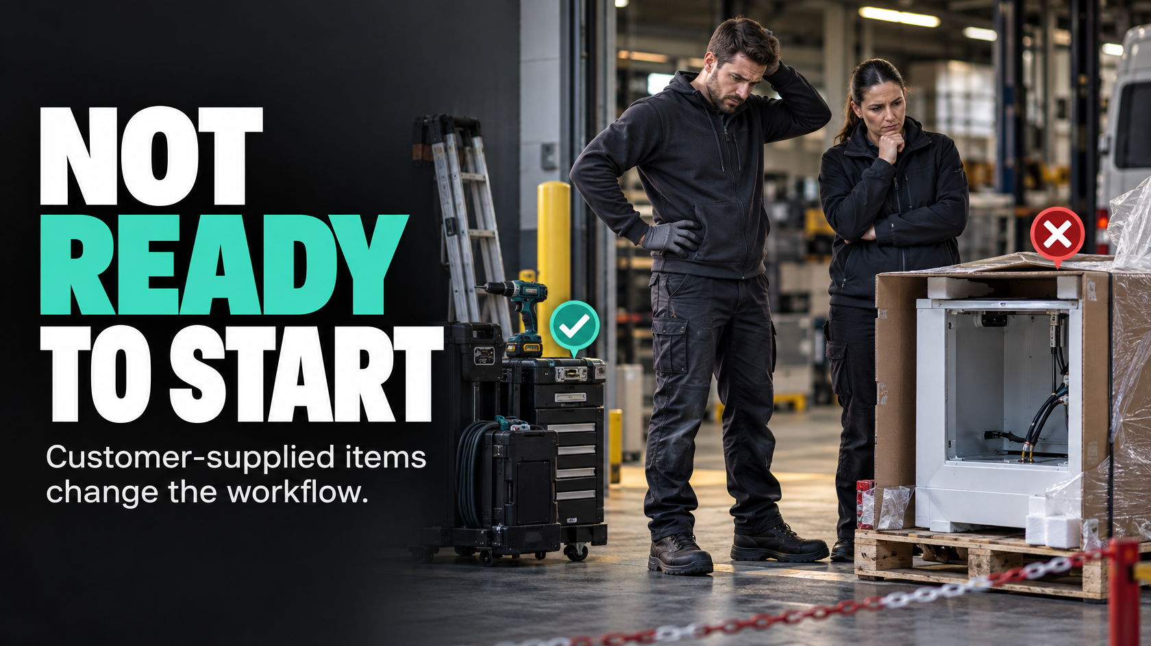 Technician checking customer-supplied parts against a job checklist before starting work