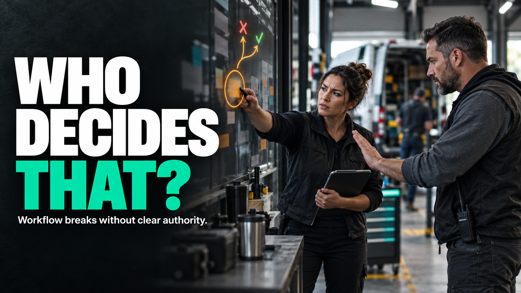 Operations manager reviewing workflow approvals and decision responsibilities across a business process
