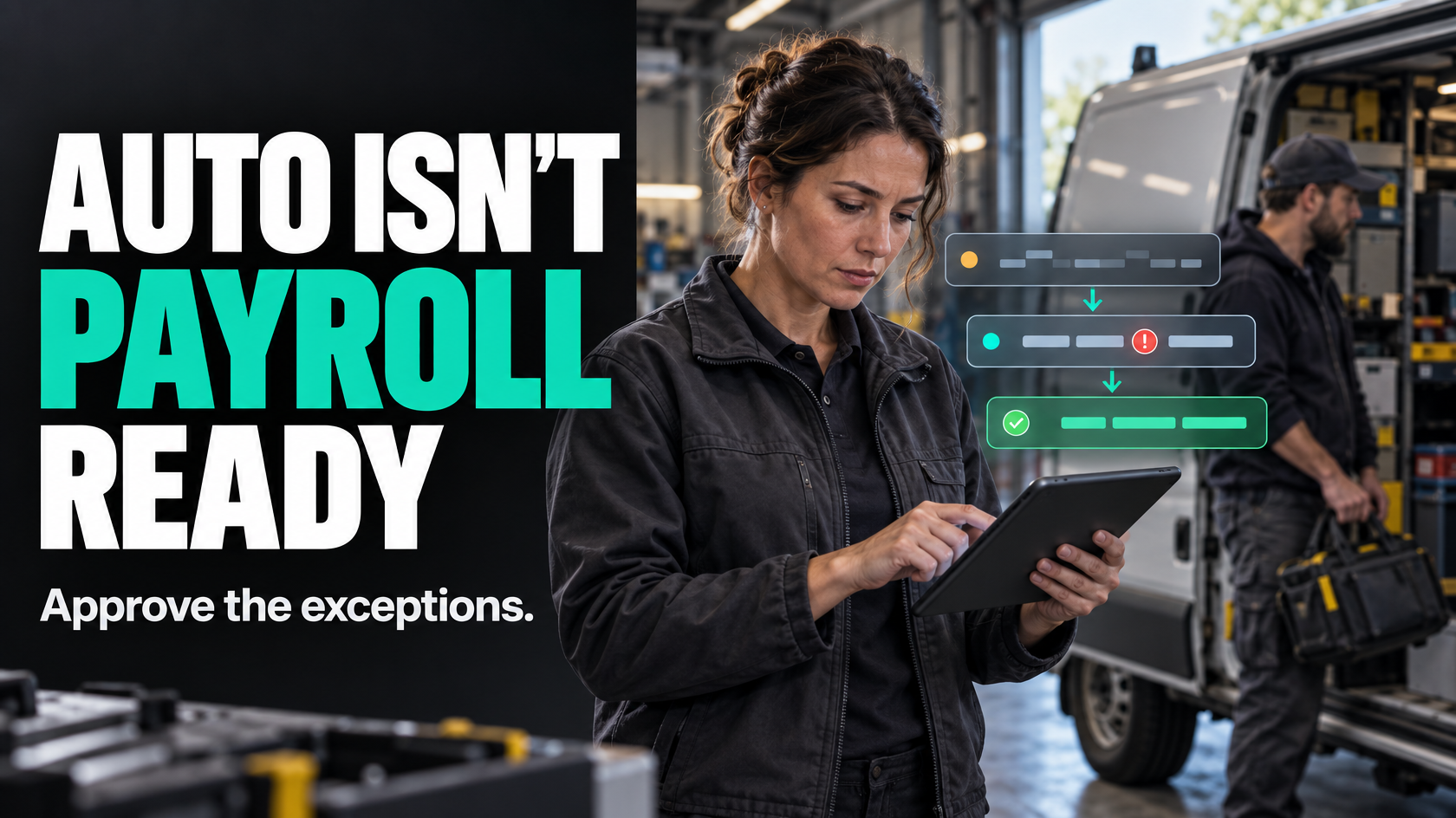 Supervisor reviewing automated technician timesheet exceptions before payroll approval