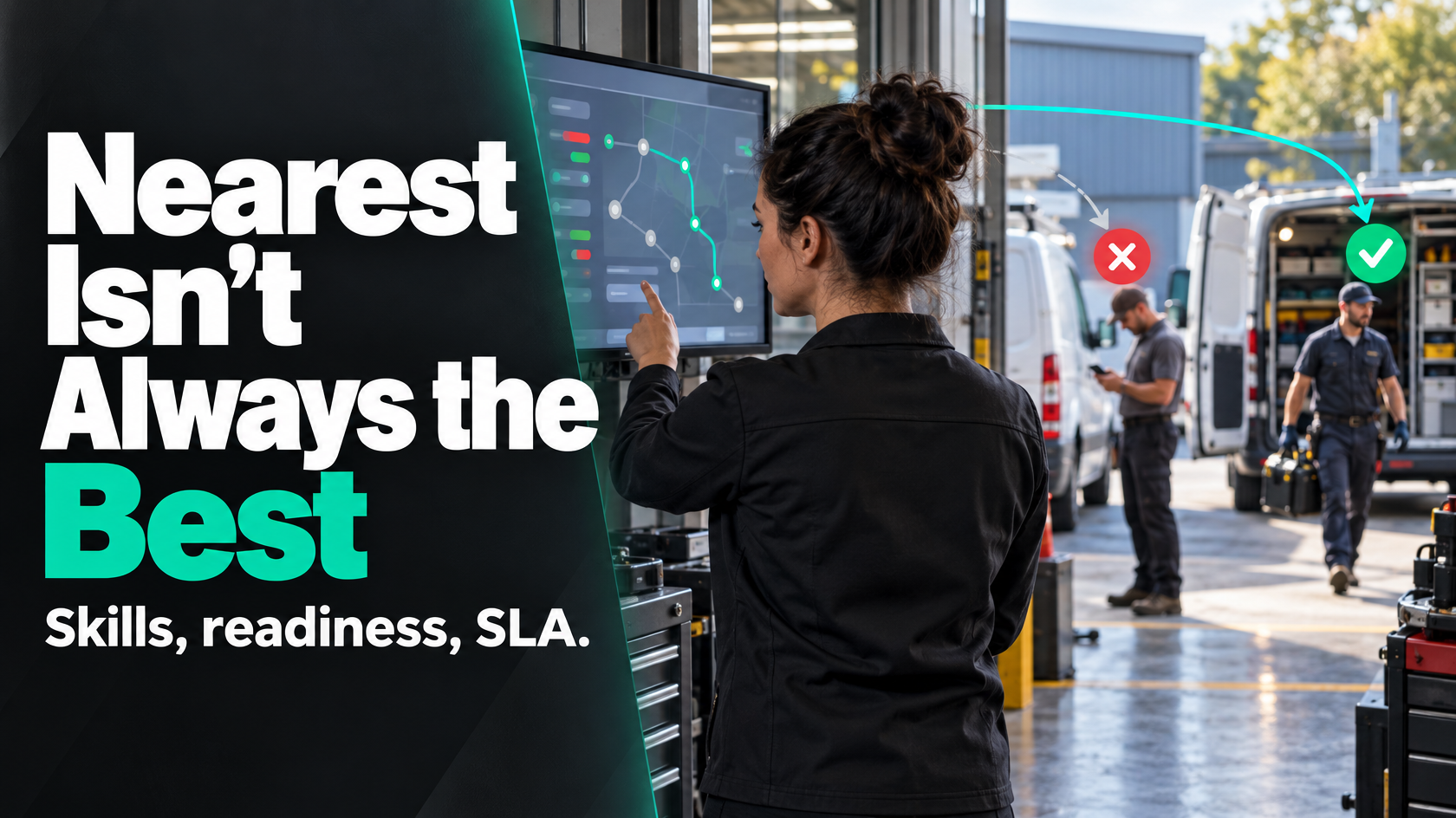 Dispatcher assigning field service jobs to technicians using location, skills and readiness data