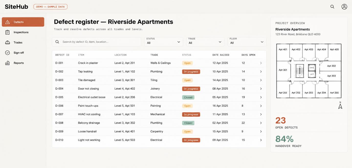 Defects & Handover System interface, starter system template with sample data