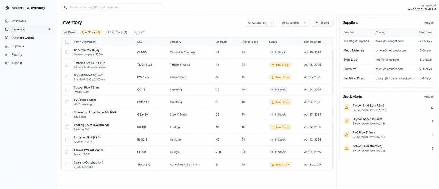 Inventory & Materials System interface, starter system template with sample data