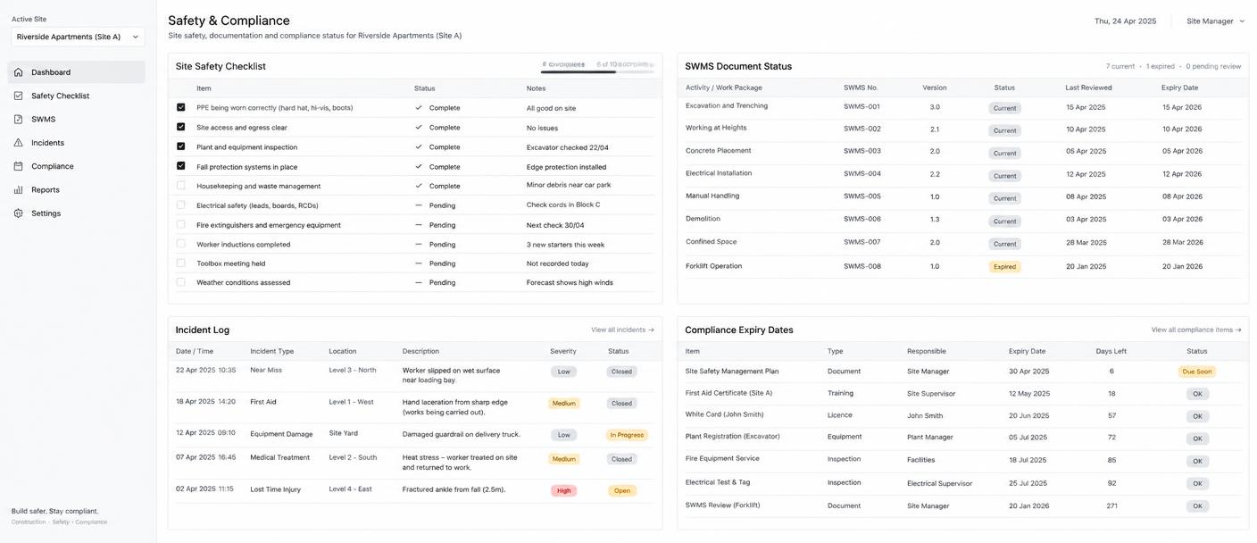 Safety & Compliance System interface, starter system template with sample data