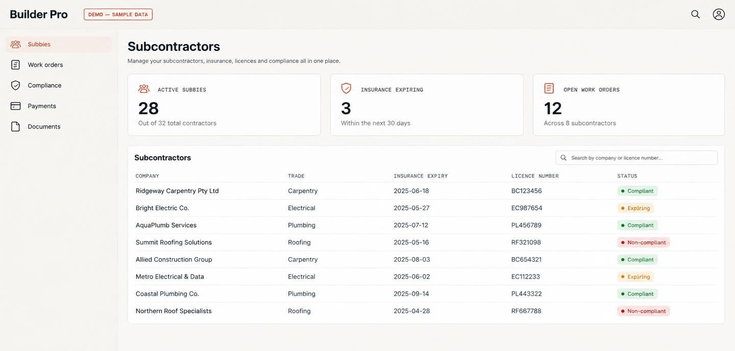 Subcontractor Management System interface, starter system template with sample data