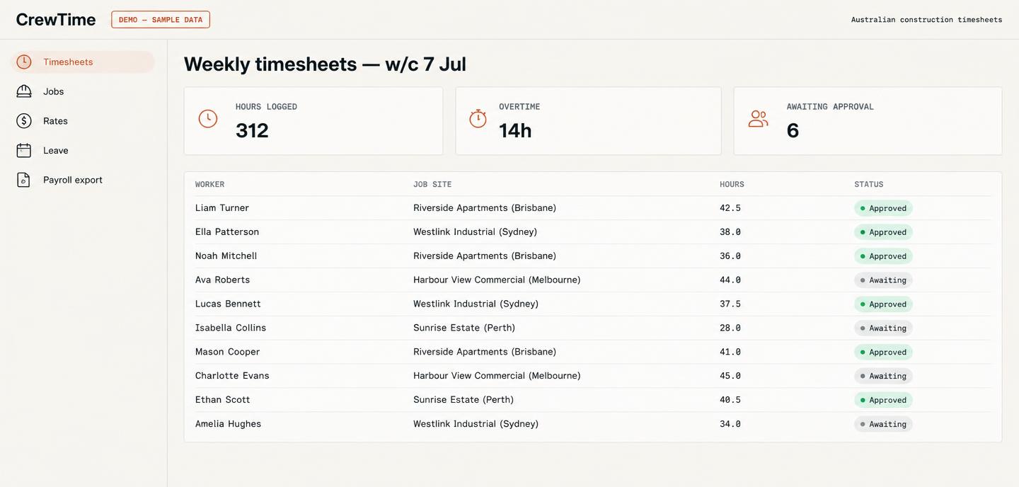 Timesheets & Payroll System interface, starter system template with sample data